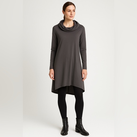 Sarah Pacini Gray Long Sleeve Hooded Minimalist Lagenlook Tunic Dress - Picture 12 of 12